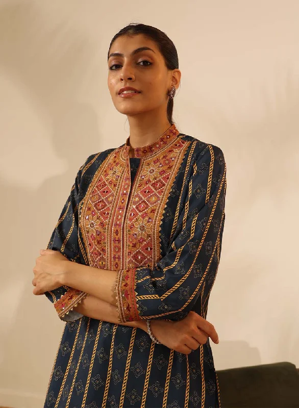 Cobalt Blue Striped Kurta Set with Mirrorwork