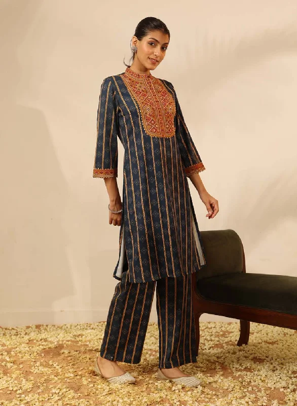 Cobalt Blue Striped Kurta Set with Mirrorwork