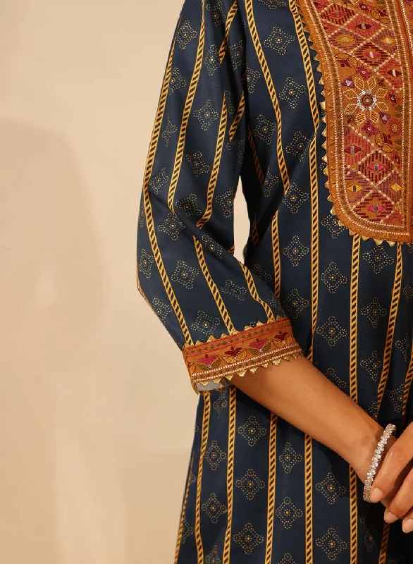 Cobalt Blue Striped Kurta Set with Mirrorwork