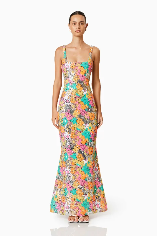 Tiki Floral Sequin Fitted Maxi Dress In Multi