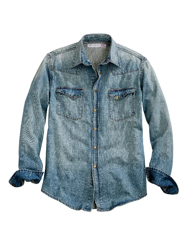 MENS LIGHT BLUE WESTERN DENIM  LONG SLEEVE SNAP SHIRT WITH ASYMMETRICAL POCKETS  FLAPS