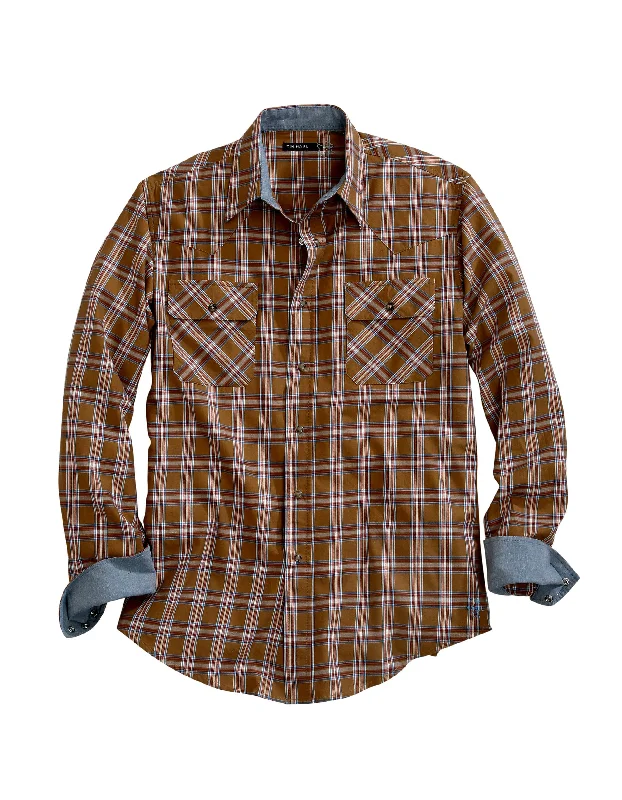 MENS GOLDEN BROWN PLAID LONG SLEEVE SNAP SHIRT