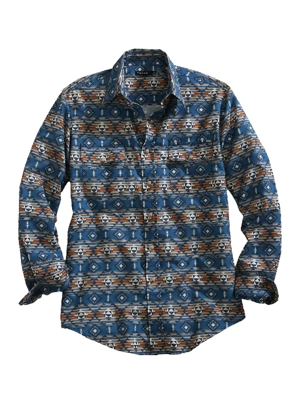 MENS LONG SLEEVE SNAP BLUE AZTEC SERAPE WESTERN SHIRT