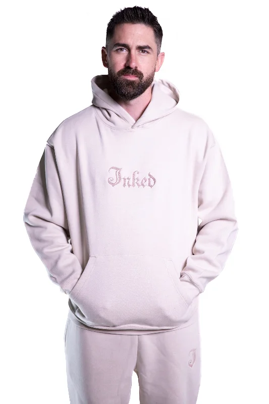 Unisex Inked Logo Embroidered Hoodie -  Tan